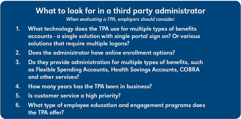 What to look for in a third party administrator. When evaluating a TPA for outsourcing benefits administration, employers should consider: 

1. What technology does the TPA use for multiple types of benefits accounts - a single solution wiht single portal sign on? Or various solutions that require multiple logons?

2. Does the administrator have online enrollment options?

3. Do they provide administration for multiple types of benefits, such as FSAs, HSAs, COBRA, and other services?

4. How many years has the TPA been in business?

5. Is customer service a high priority?

6. What type of employee education and engagement programs does the TPA offer?